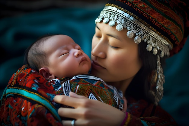 Une femme tient un bébé avec une coiffe traditionnelle.