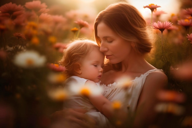 Une femme tient un bébé dans un champ de fleurs.