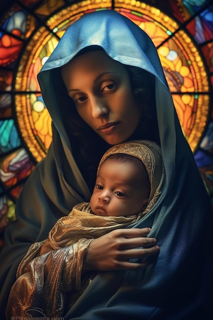 Une femme tient un bébé devant un vitrail.