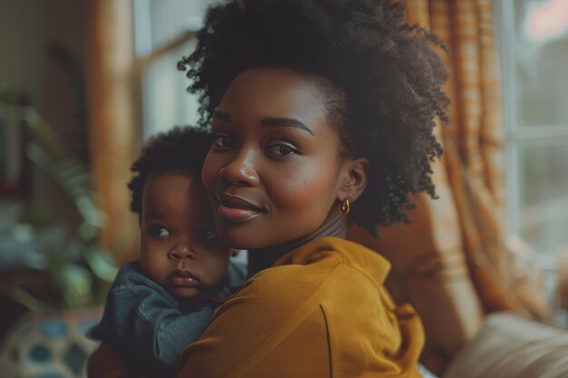 Une femme tient un bébé et sourit.