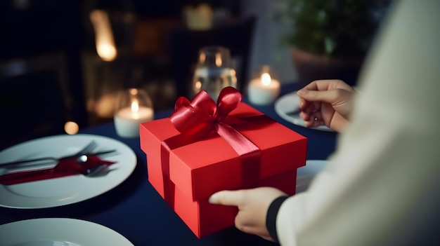 Une femme tient une boîte-cadeau rouge avec un ruban rouge dessus.