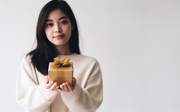 Une femme tient une boîte à cadeaux en avant Illustration d'événements joyeux pendant la fête arrière-plan blanc