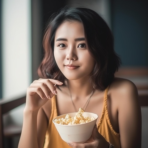 une femme tient un bol de pop-corn à la main.