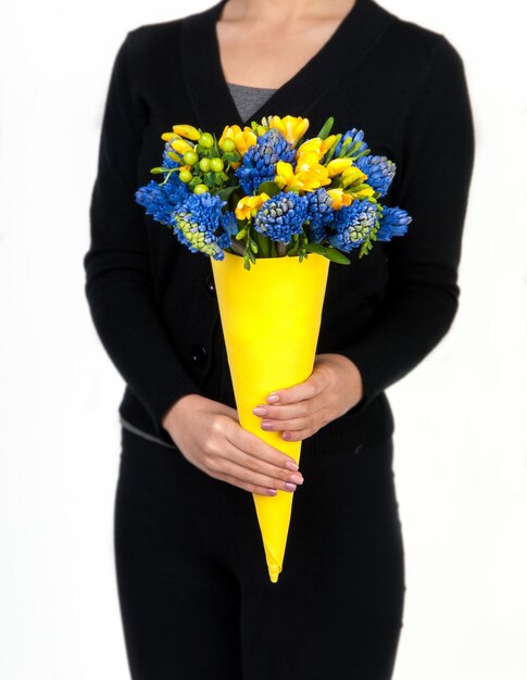 La femme tient le bouquet du crocus jaune et bleu Saint-Valentin