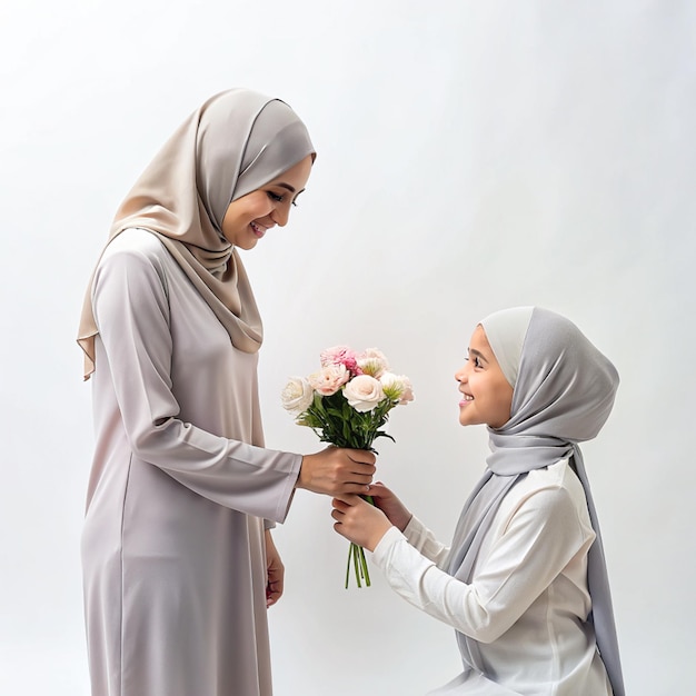 une femme tient un bouquet et la fête des mères musulmane