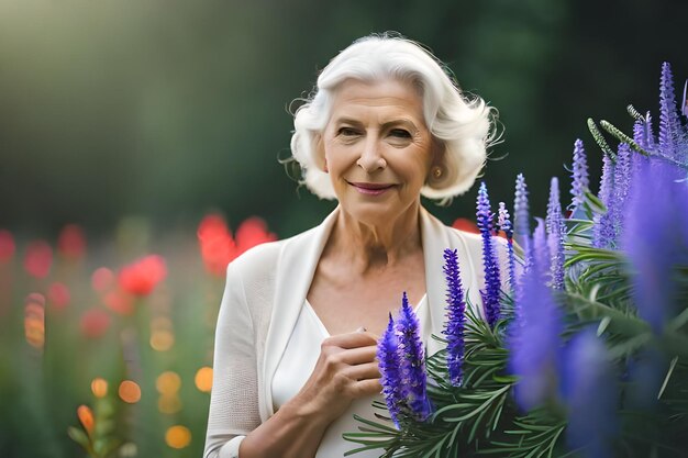 une femme tient un bouquet de fleurs dans un jardin.