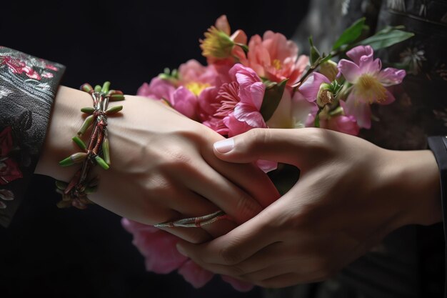 Photo une femme tient un bouquet de fleurs dans ses mains