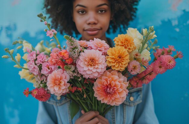 Photo une femme tient un bouquet de fleurs