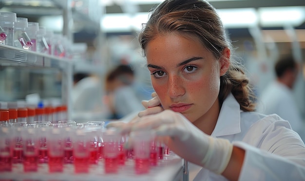 une femme tient une bouteille de liquide dans un laboratoire