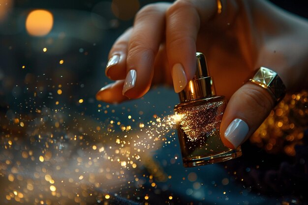 Photo une femme tient une bouteille de parfum avec un vernis à ongles étincelant