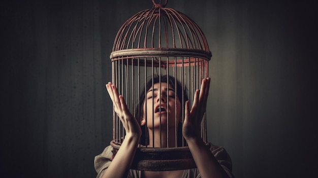 Une femme tient une cage à oiseaux dans ses mains.