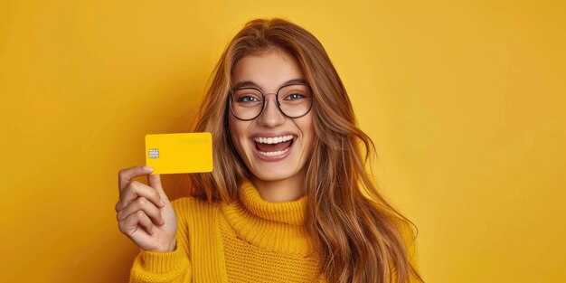 La femme tient une carte de crédit jaune et sourit Concept de bonheur et de positivité alors que la femme est excitée par sa nouvelle carte de crédit
