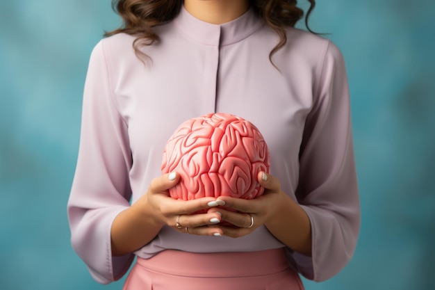 Une femme tient un cerveau humain dans ses mains.