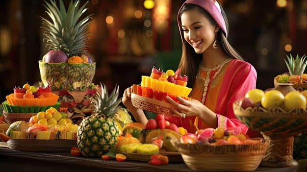 Photo une femme tient une corbeille de fruits sur laquelle est écrit « melon ».