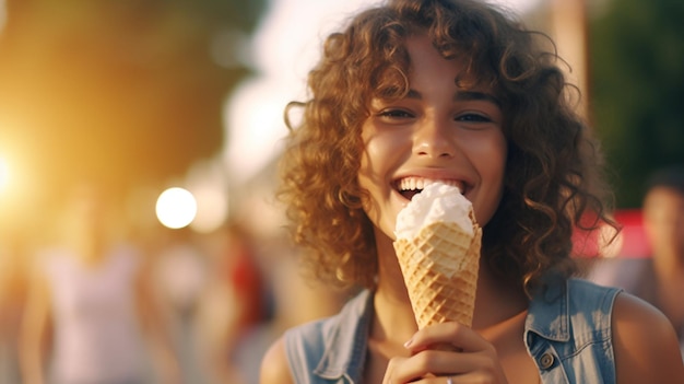 Une femme tient un cornet de crème glacée en été