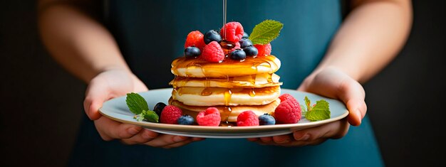 Une femme tient des crêpes avec des baies dans ses mains