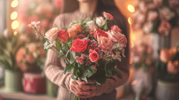 Une femme tient délicatement un bouquet de fleurs dans ses mains pour célébrer une occasion spéciale.