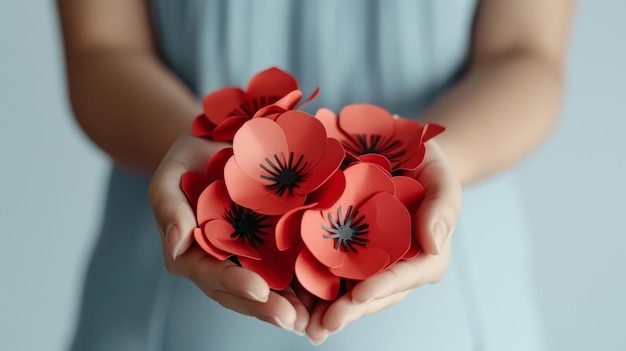 Photo une femme tient délicatement un bouquet de pavots rouges en papier.