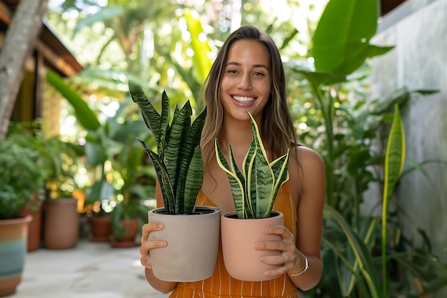 Photo une femme tient deux plantes en pot à l'extérieur sur un patio ouvert