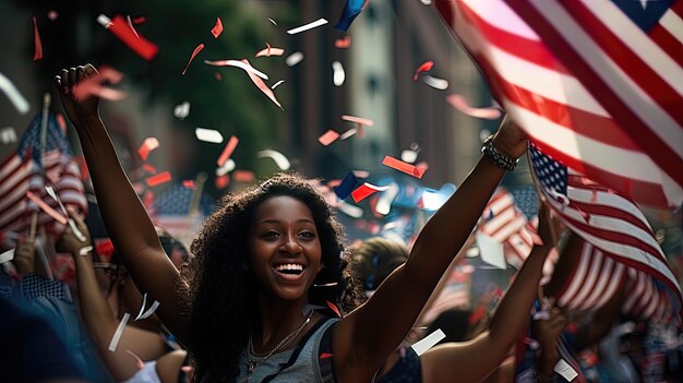 Une femme tient un drapeau et l'agite dans le vent.