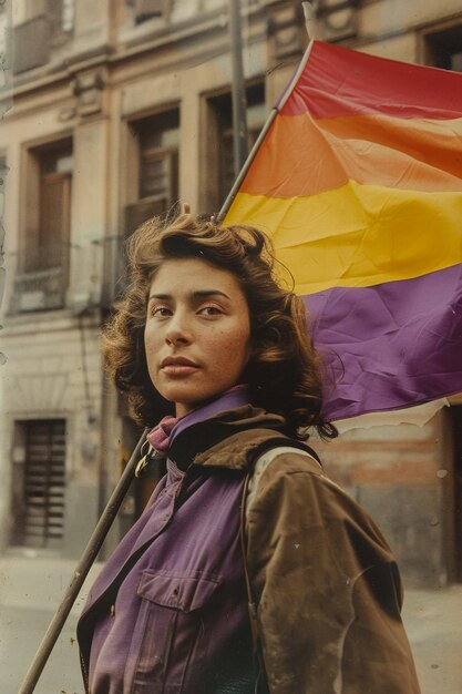 Photo une femme tient un drapeau arc-en-ciel devant un bâtiment