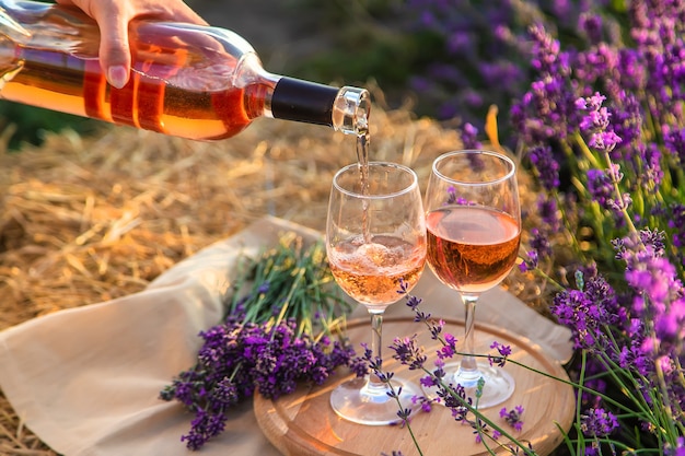 Une femme tient du vin dans des verres. Pique-nique dans le champ de lavande. Mise au point sélective.