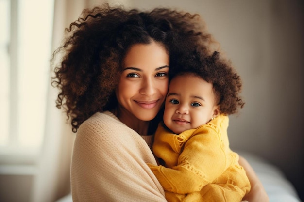 une femme tient un enfant avec un pull jaune