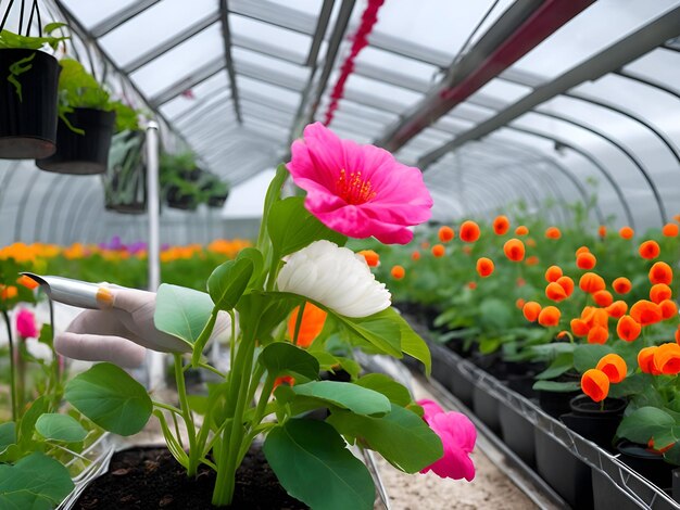 Une femme tient une fleur rose dans une serre.