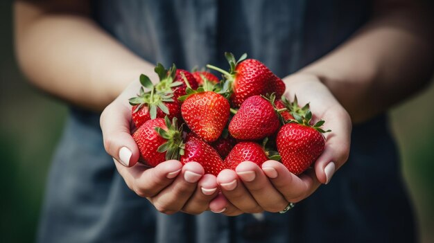 Une femme tient des fraises fraîchement cueillies dans sa main Focus sélectif IA générative