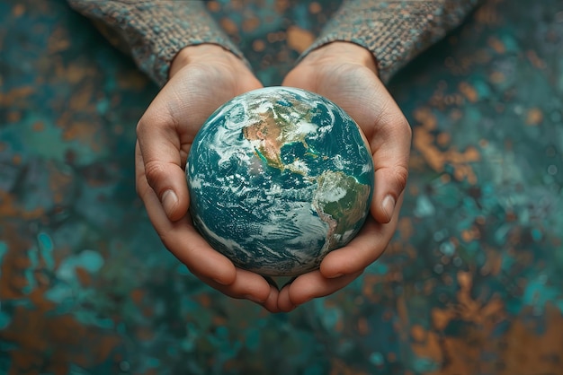 La femme tient un globe dans ses mains Le globe est bleu et blanc et c'est un modèle du concept de la Terre Jour de la Terre