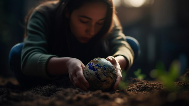 Photo une femme tient un globe dans la terre, le mot monde dessus.