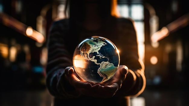 Une femme tient un globe de verre dans ses mains.