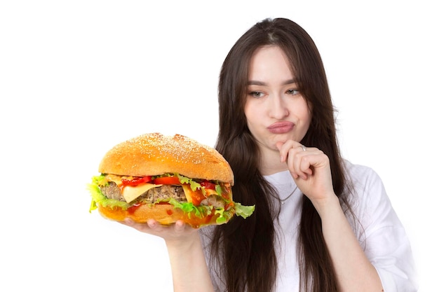 Une femme tient un gros sandwich hamburger barbecue sur le fond Concept de restauration rapide