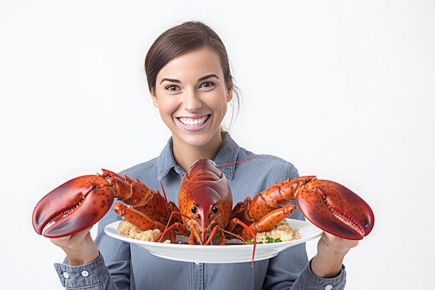 une femme tient des homards devant un bol de nourriture