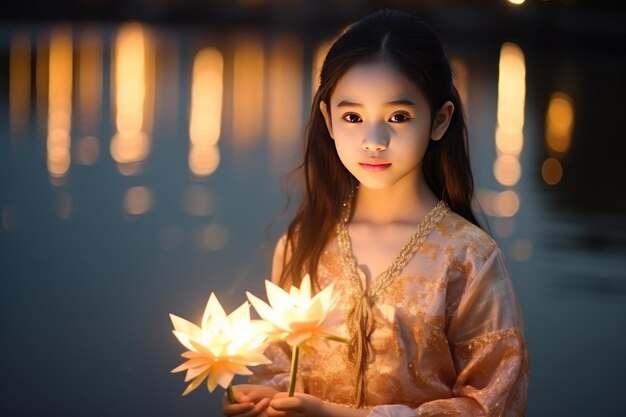 Photo une femme tient des krathongs et porte des costumes thaïlandais festival loy kratong