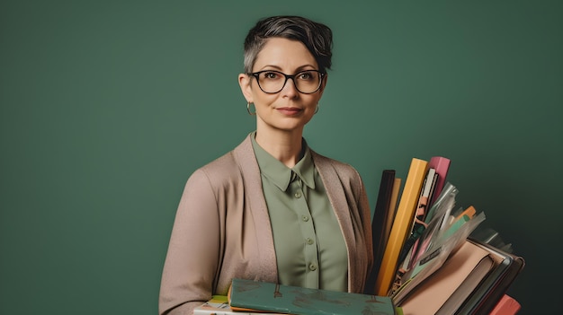 Une femme tient des livres et un fond vert.