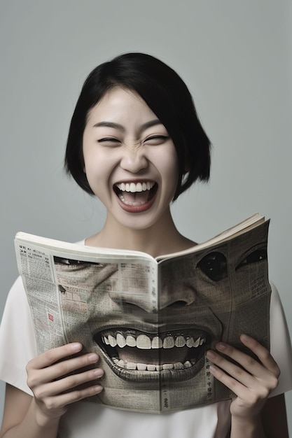 Une femme tient un magazine qui dit "rire" dessus
