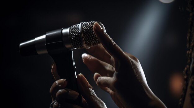 Une femme tient un microphone devant un fond noir avec une lumière blanche.