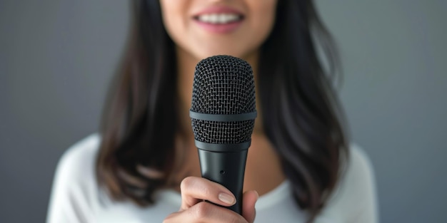 Photo une femme tient un microphone noir sur un fond gris prête à faire une déclaration