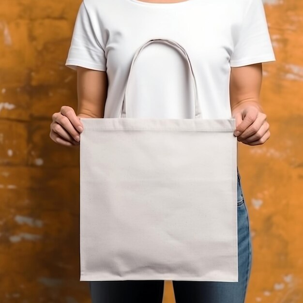 Femme tient un modèle de tissu de toile de sac maquette vierge