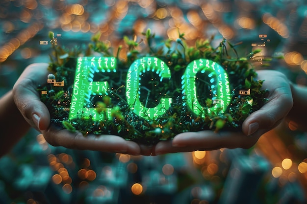 Une femme tient le mot ECO entourée de données et d'éléments écologiques verts technologiques