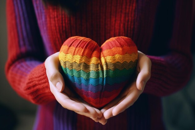 Une femme tient un oreiller en forme de coeur dans ses mains.