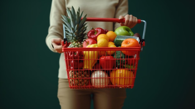 Une femme tient un panier d'épicerie.