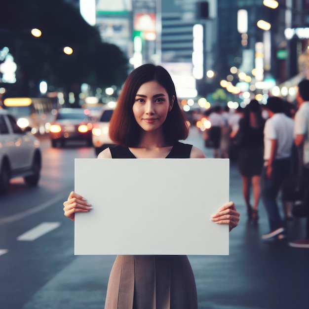 une femme tient un panneau blanc sur une rue animée de la ville le soir