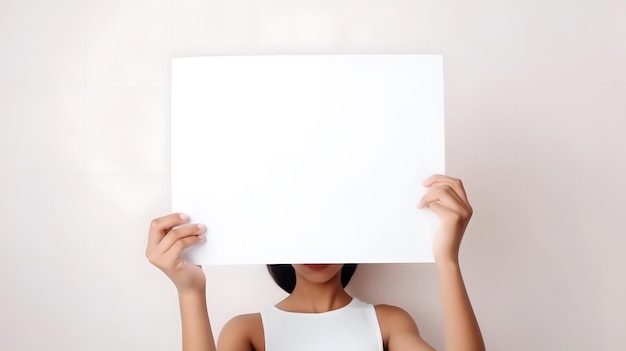 Une femme tient un papier blanc vierge devant son visage.