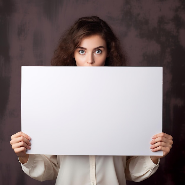 Une femme tient un papier blanc.