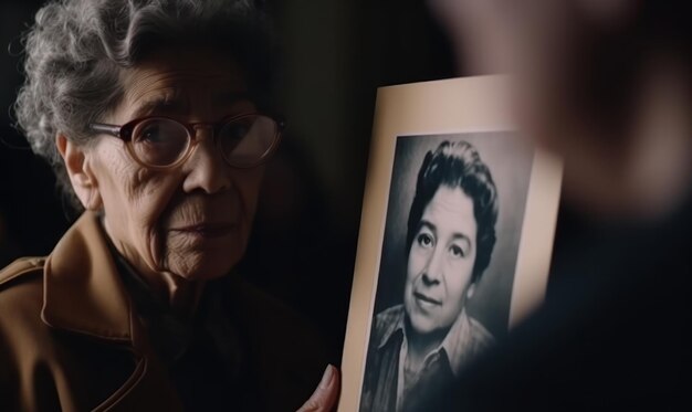 Une femme tient une photo encadrée d'une femme dans une pièce sombre.