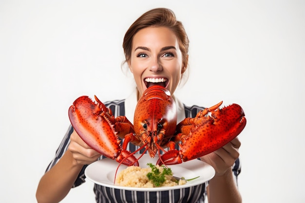 une femme tient un plat de homards et un plat de nourriture
