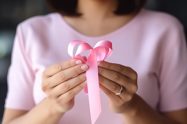 Une femme tient un ruban rose dans ses mains