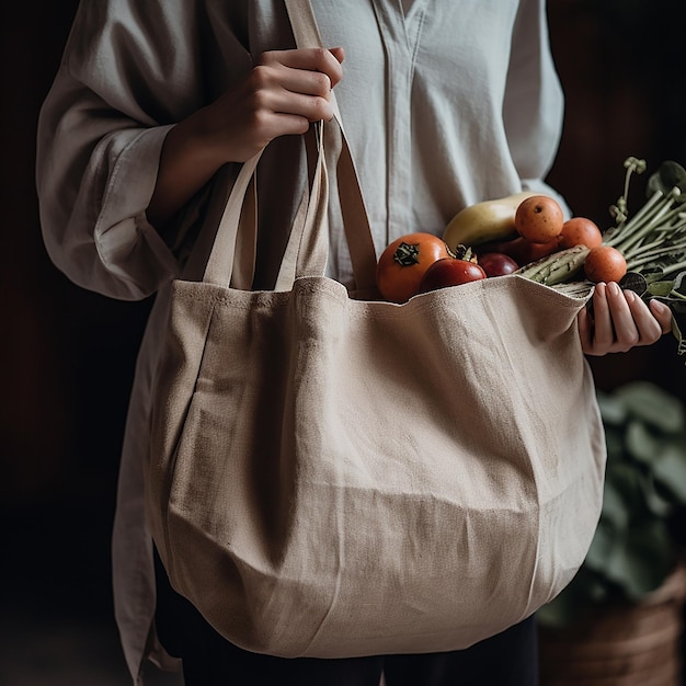 Une femme tient un sac contenant des légumes.